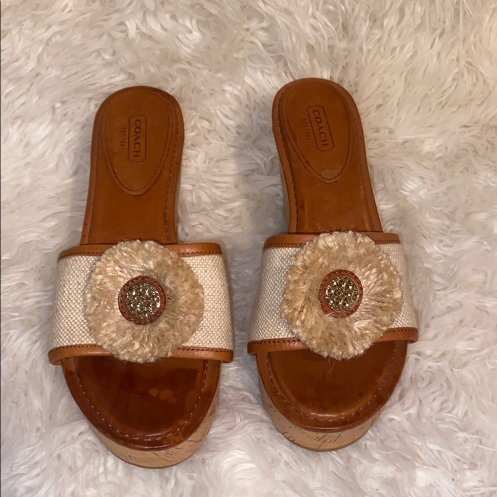 Coach JAZMIN Beige CORK WEDGE Slide Sandals